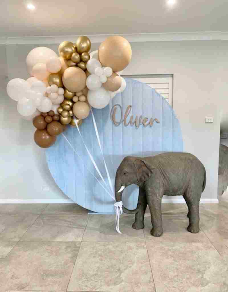 Light Blue Velvet Backdrop and Enzo the Elephant Statue Party Hire