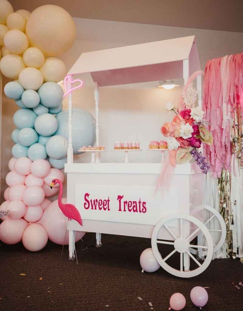 Example of Pink Canopied Candy Cart in White for Birthday Wedding and Party Hire in Newcastle NSW