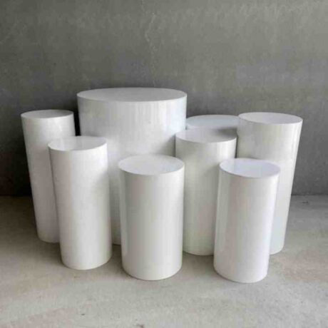 White Round Acrylic Plinths for Birthday Wedding and Party Hire in Newcastle NSW