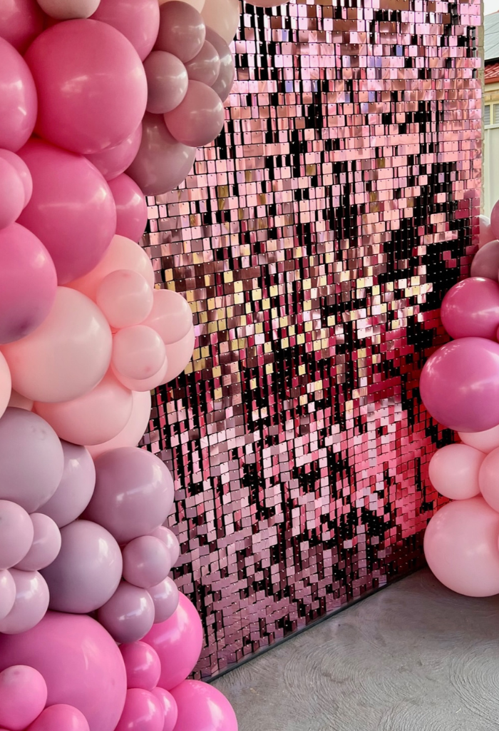 pink shimmer wall backdrop hire